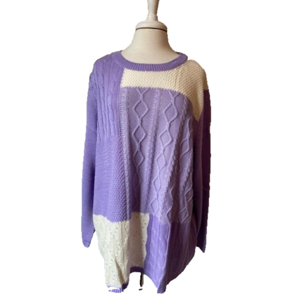 Woman Within NWOT Y2K Retro Purple & White Colorblock Cable Knit Cozy Sweater 2X